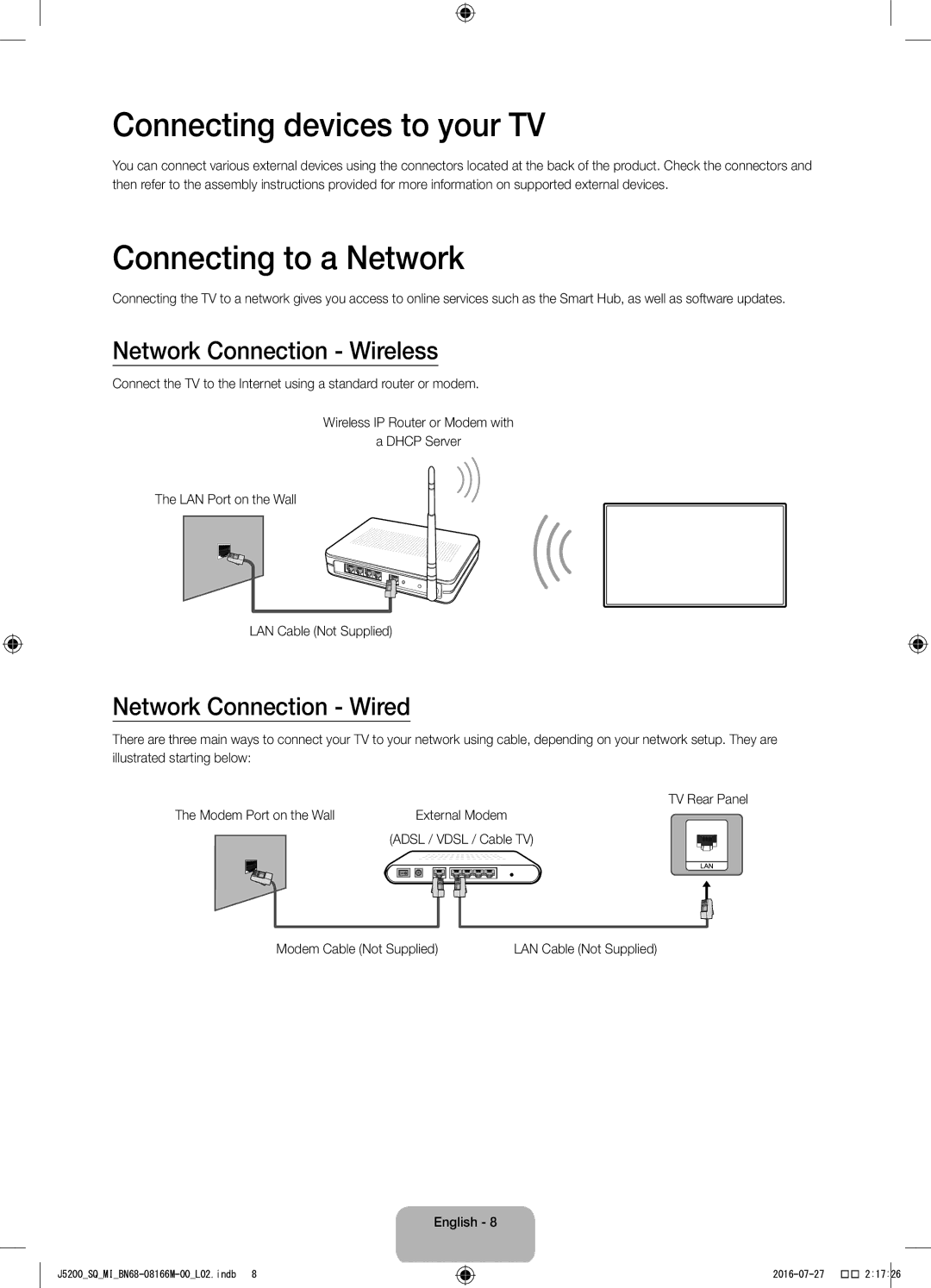 Samsung UA48J5200AWXSQ, UA40J5200AWXSQ Connecting devices to your TV, Connecting to a Network, Network Connection Wireless 