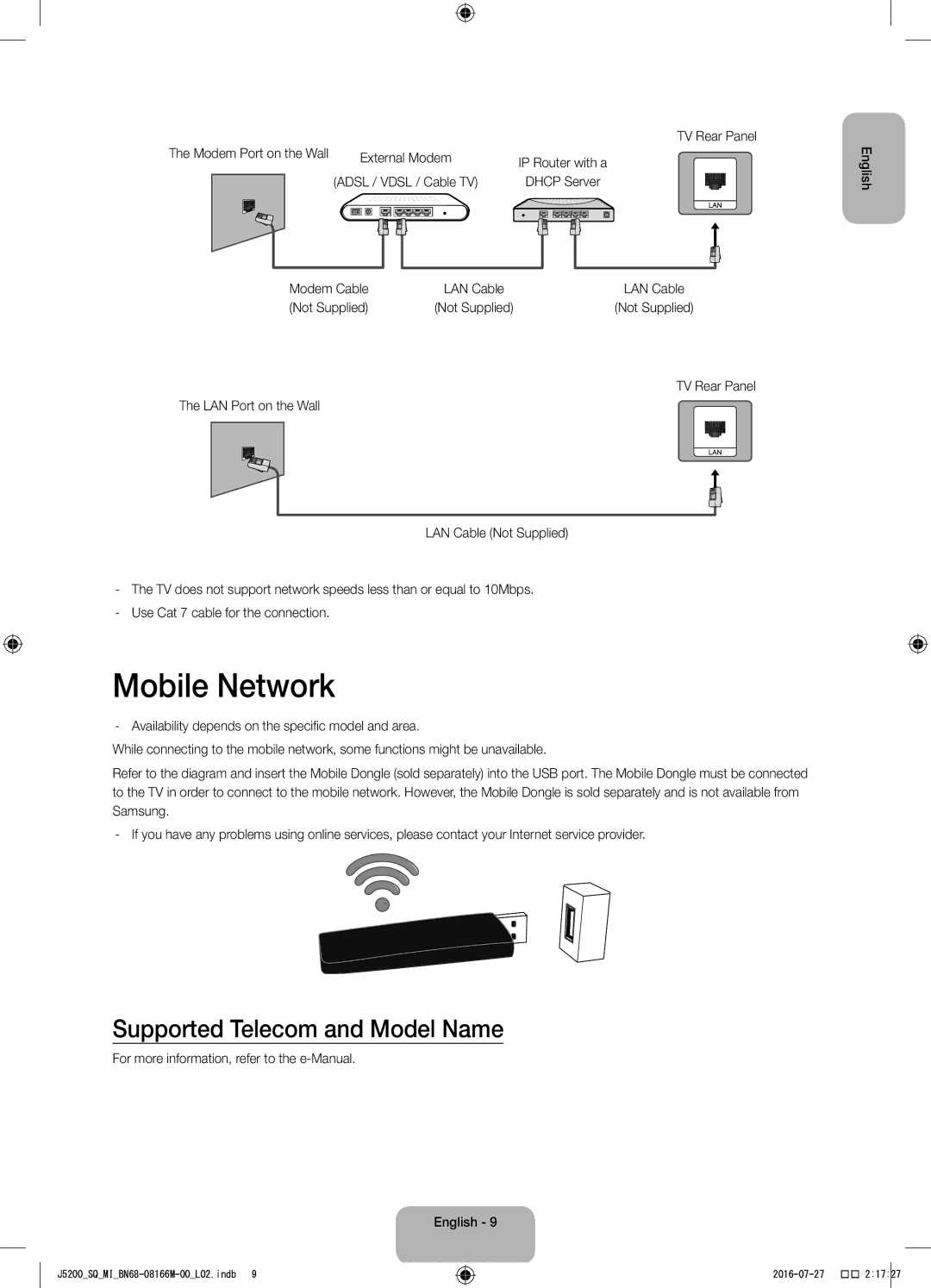 Samsung UA40J5200AWXSQ, UA48J5200AWXSQ manual Mobile Network, Supported Telecom and Model Name, Modem Cable, Not Supplied 