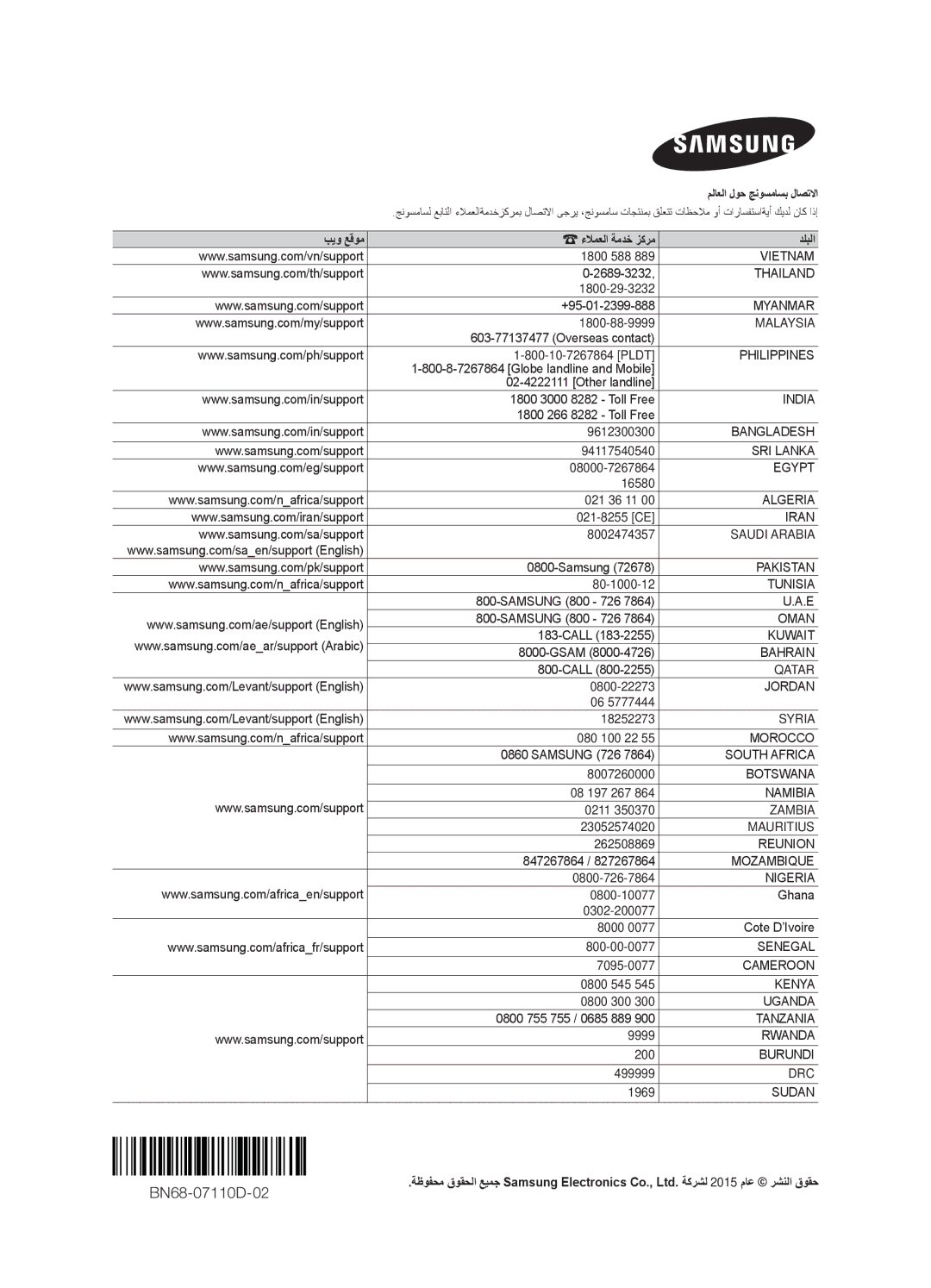 Samsung UA40J6300ARXUM, UA48J6300ARXUM, UA55J6300ARXUM manual BN68-07110D-02 