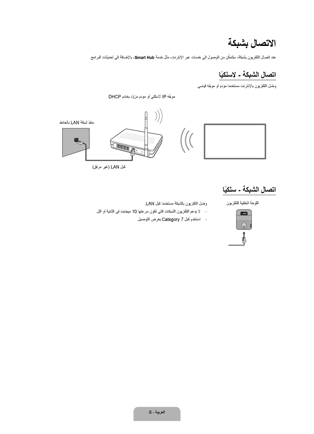 Samsung UA48J6300ARXUM, UA40J6300ARXUM, UA55J6300ARXUM manual ةكبشب لاصتلاا, ايكلسلاً ةكبشلا لاصتا 