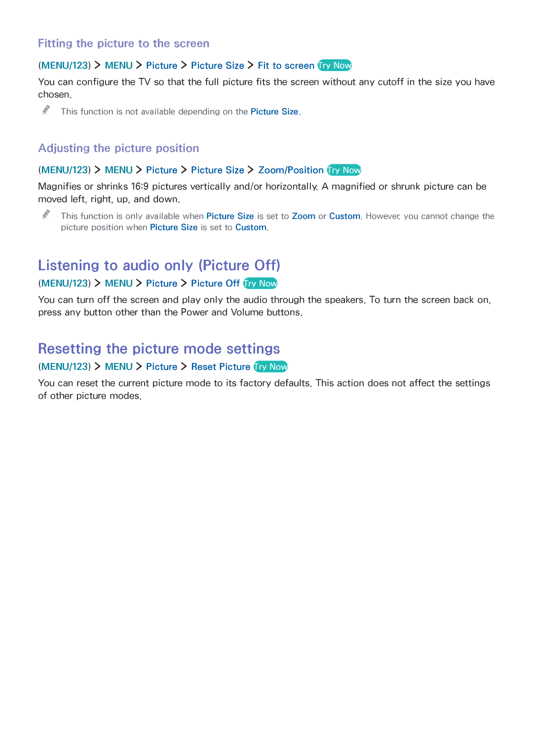 Samsung UA85JU7000RXUM, UA48JU6600RXSK manual Listening to audio only Picture Off, Resetting the picture mode settings 