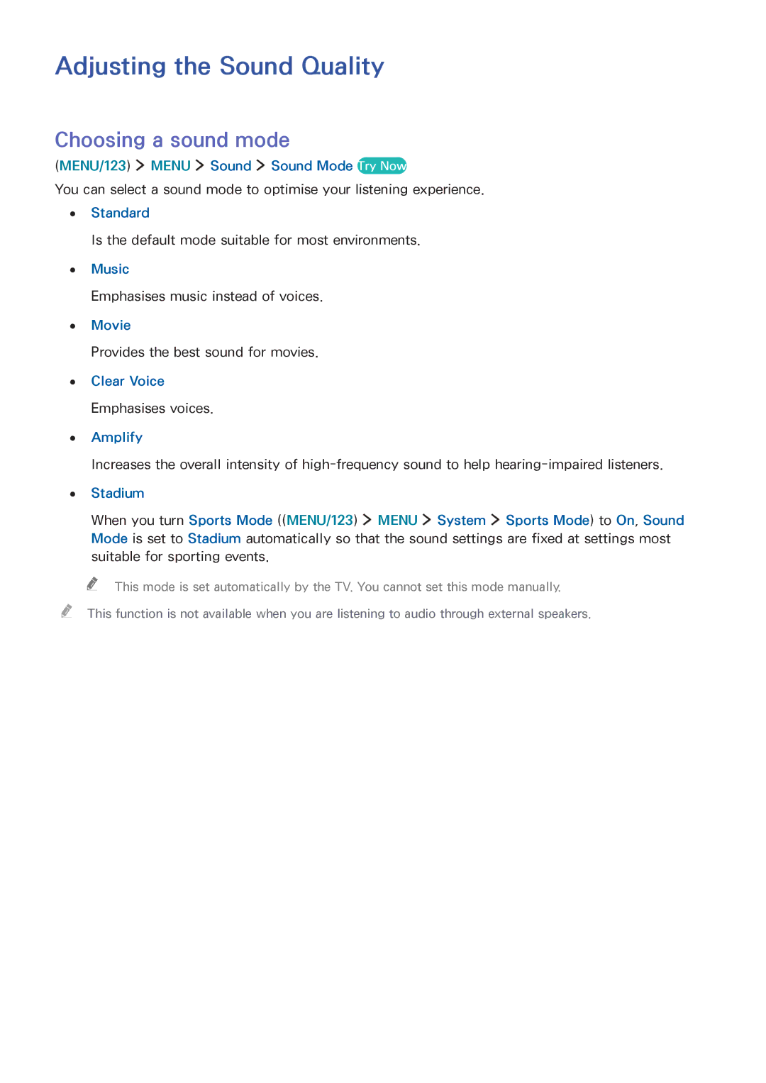 Samsung UA48JU6600RXSK, UA50JS7200RXUM, UA55JU6000RXUM, UA40JU6000RXUM Adjusting the Sound Quality, Choosing a sound mode 