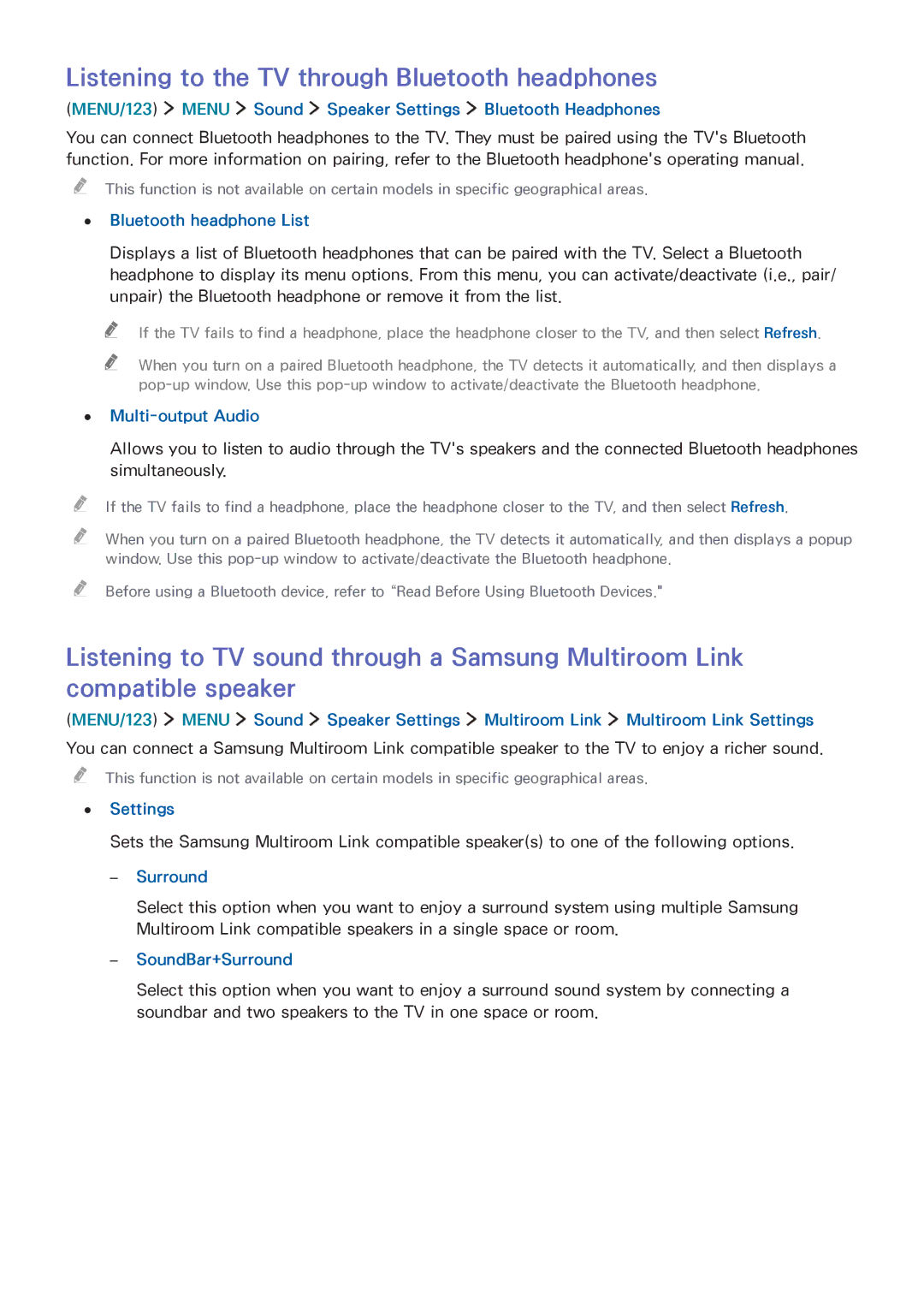 Samsung UA40JU6000RXUM, UA48JU6600RXSK, UA50JS7200RXUM, UA55JU6000RXUM manual Listening to the TV through Bluetooth headphones 