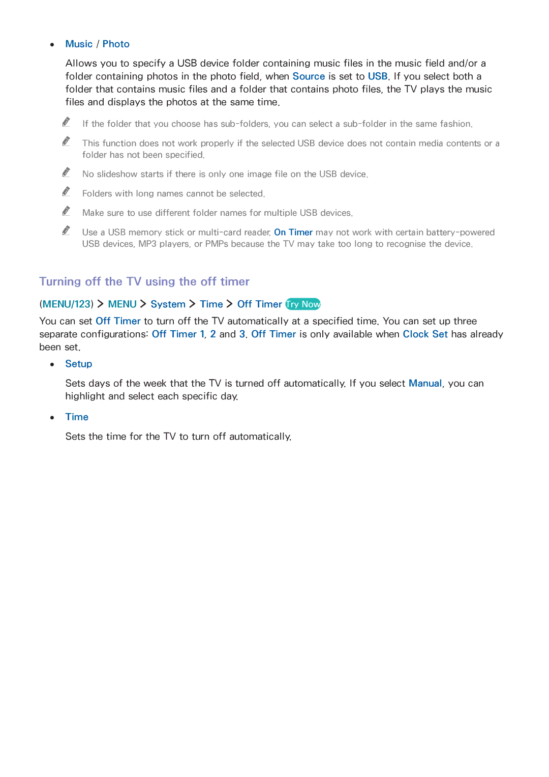 Samsung UA65JU6400RXUM Turning off the TV using the off timer, Music / Photo, MENU/123 Menu System Time Off Timer Try Now 