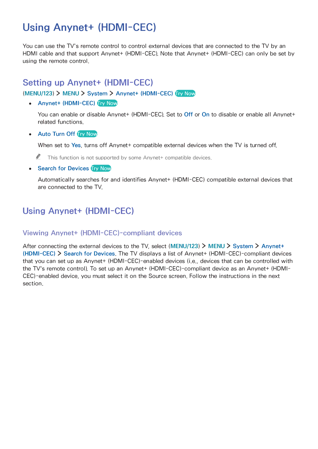 Samsung UA55JS7200RXUM Using Anynet+ HDMI-CEC, Setting up Anynet+ HDMI-CEC, Viewing Anynet+ HDMI-CEC-compliant devices 