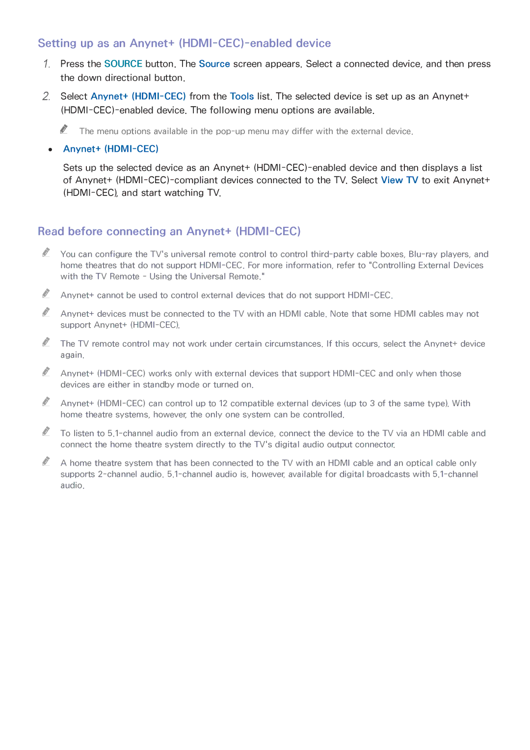 Samsung UA60JS7200RXUM manual Setting up as an Anynet+ HDMI-CEC-enabled device, Read before connecting an Anynet+ HDMI-CEC 