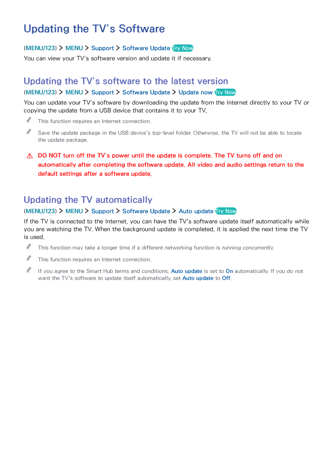 Samsung UA55JU6400RXUM, UA48JU6600RXSK manual Updating the TV’s Software, Updating the TV’s software to the latest version 