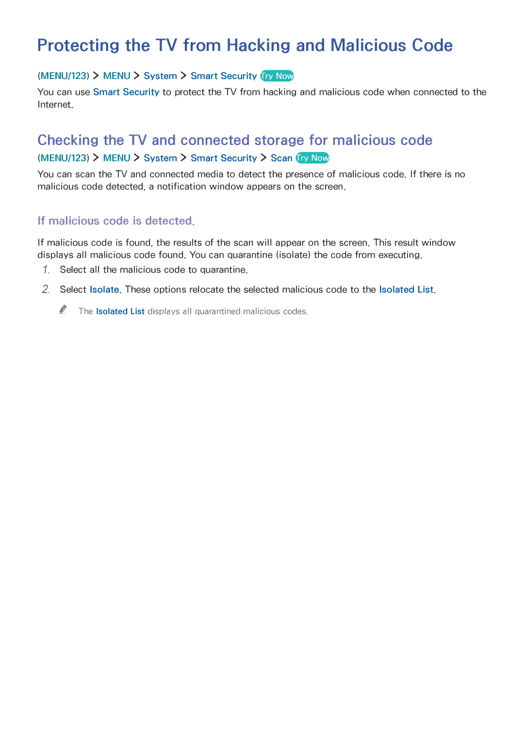 Samsung UA75JU6400RXUM, UA48JU6600RXSK Protecting the TV from Hacking and Malicious Code, If malicious code is detected 