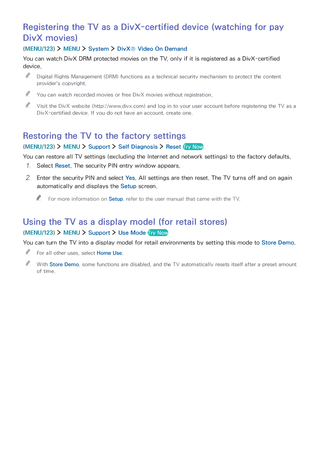 Samsung UA50JU6400RXUM manual Restoring the TV to the factory settings, Using the TV as a display model for retail stores 