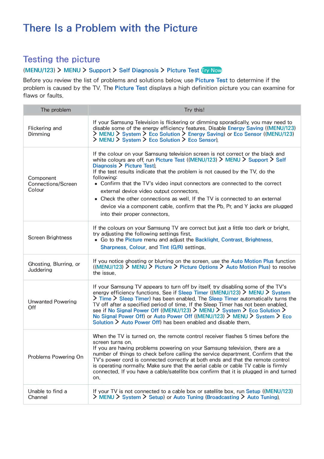 Samsung UA65JU6400RXUM, UA48JU6600RXSK, UA50JS7200RXUM manual There Is a Problem with the Picture, Testing the picture 