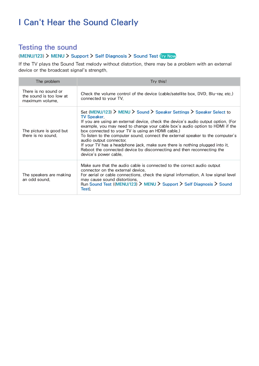 Samsung UA55JS7200RXUM, UA48JU6600RXSK, UA50JS7200RXUM, UA55JU6000RXUM manual Cant Hear the Sound Clearly, Testing the sound 