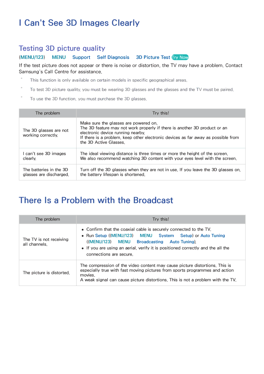 Samsung UA60JS7200RXUM manual Cant See 3D Images Clearly, There Is a Problem with the Broadcast, Testing 3D picture quality 