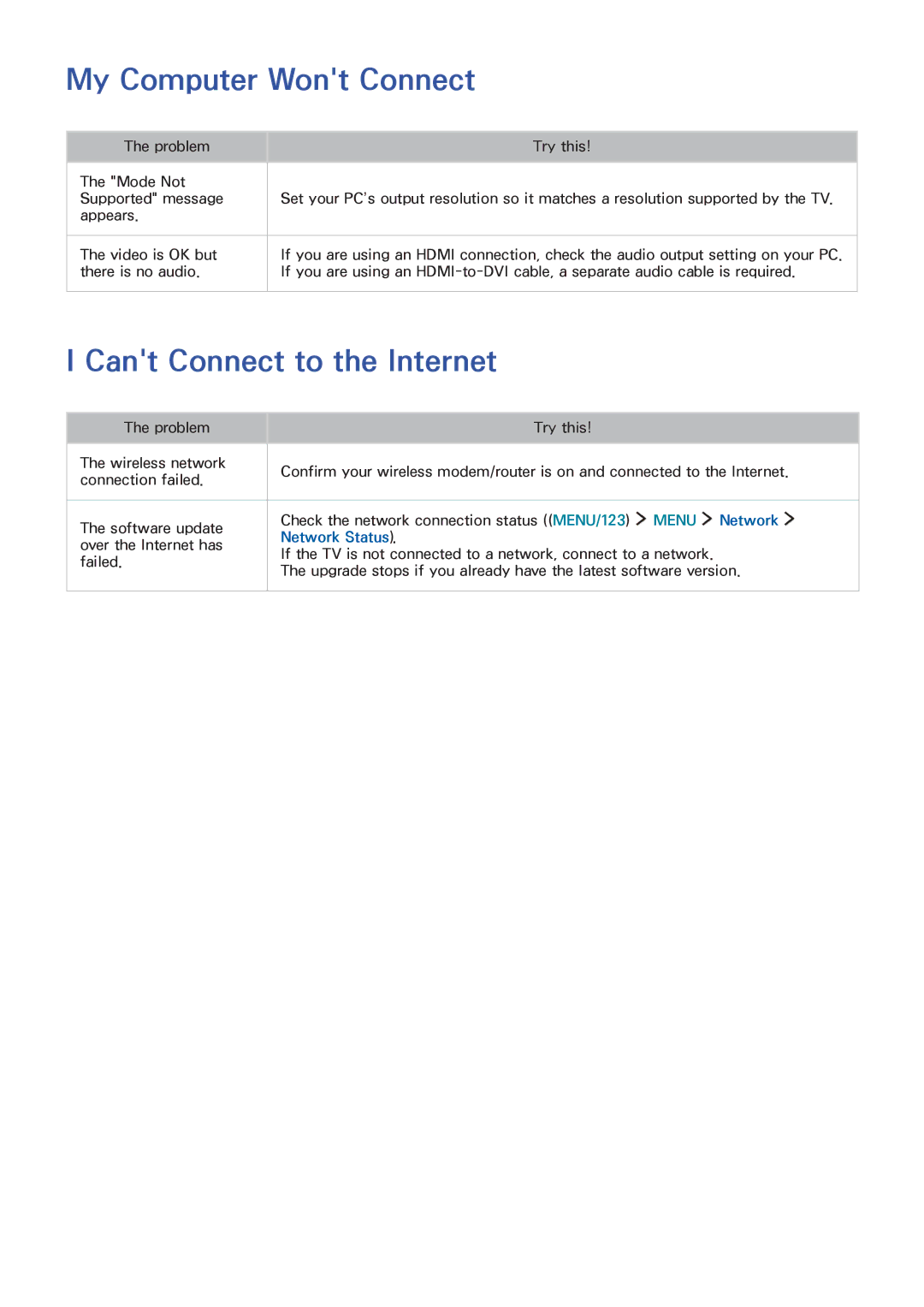 Samsung UA55JU6400RXUM, UA48JU6600RXSK manual My Computer Wont Connect, Cant Connect to the Internet, Network Status 