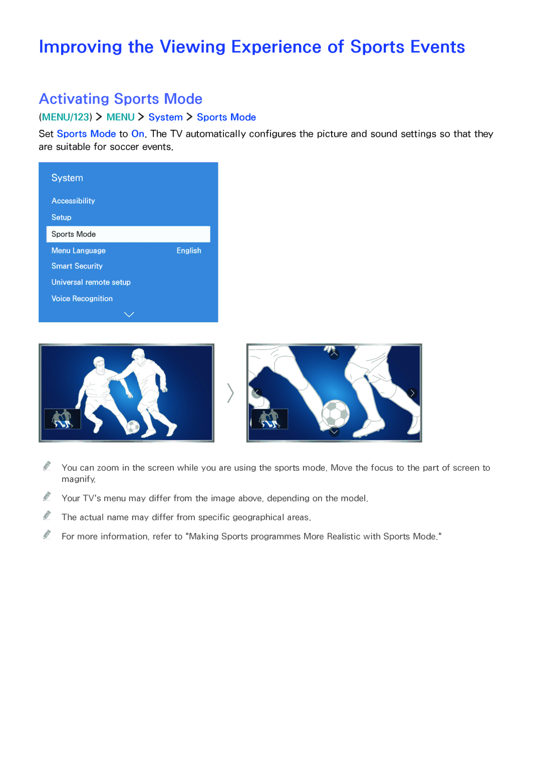 Samsung UA75JU6400RXUM, UA48JU6600RXSK manual Improving the Viewing Experience of Sports Events, Activating Sports Mode 