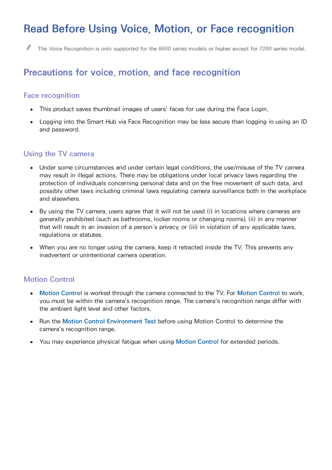 Samsung UA60JU6400RXUM manual Read Before Using Voice, Motion, or Face recognition, Using the TV camera, Motion Control 