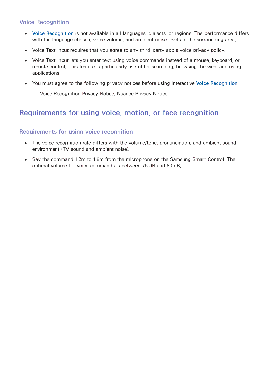 Samsung UA78JU7500RXUM, UA48JU6600RXSK manual Requirements for using voice, motion, or face recognition, Voice Recognition 