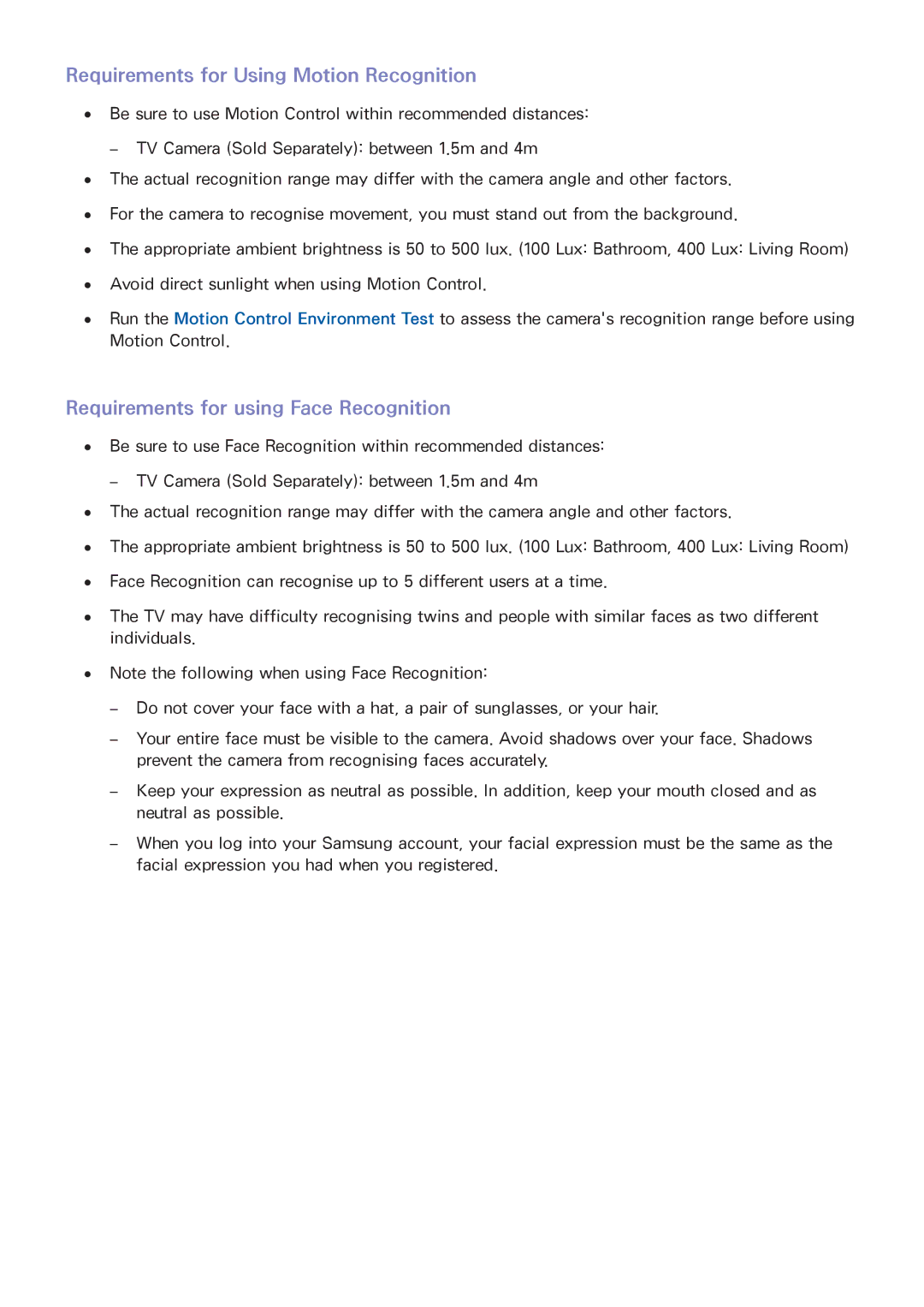 Samsung UA48JU6600RXUM, UA48JU6600RXSK Requirements for Using Motion Recognition, Requirements for using Face Recognition 