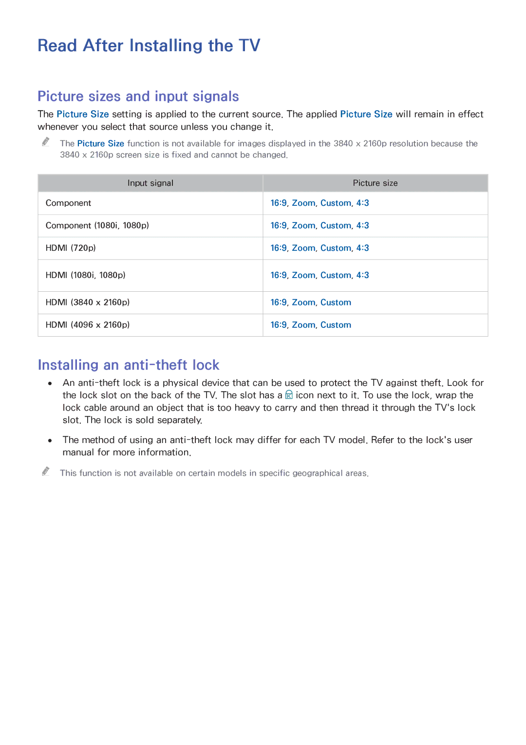 Samsung UA48JU6600RXSK manual Read After Installing the TV, Picture sizes and input signals, Installing an anti-theft lock 