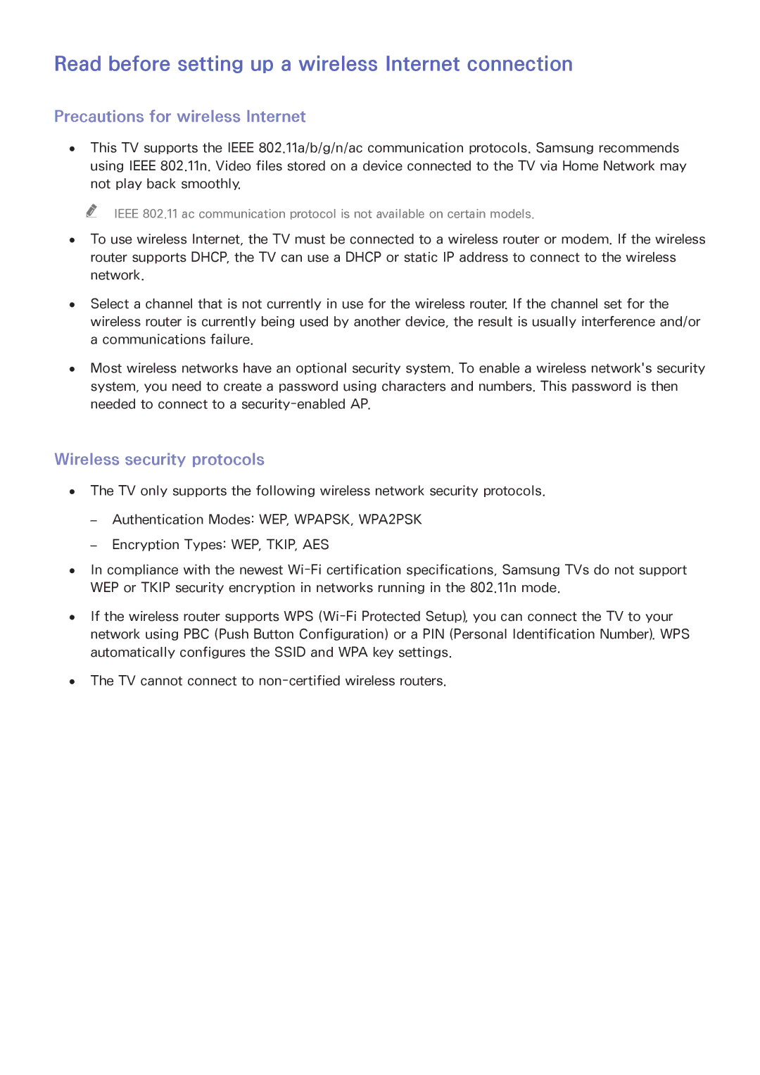 Samsung UA50JS7200RXUM manual Read before setting up a wireless Internet connection, Precautions for wireless Internet 