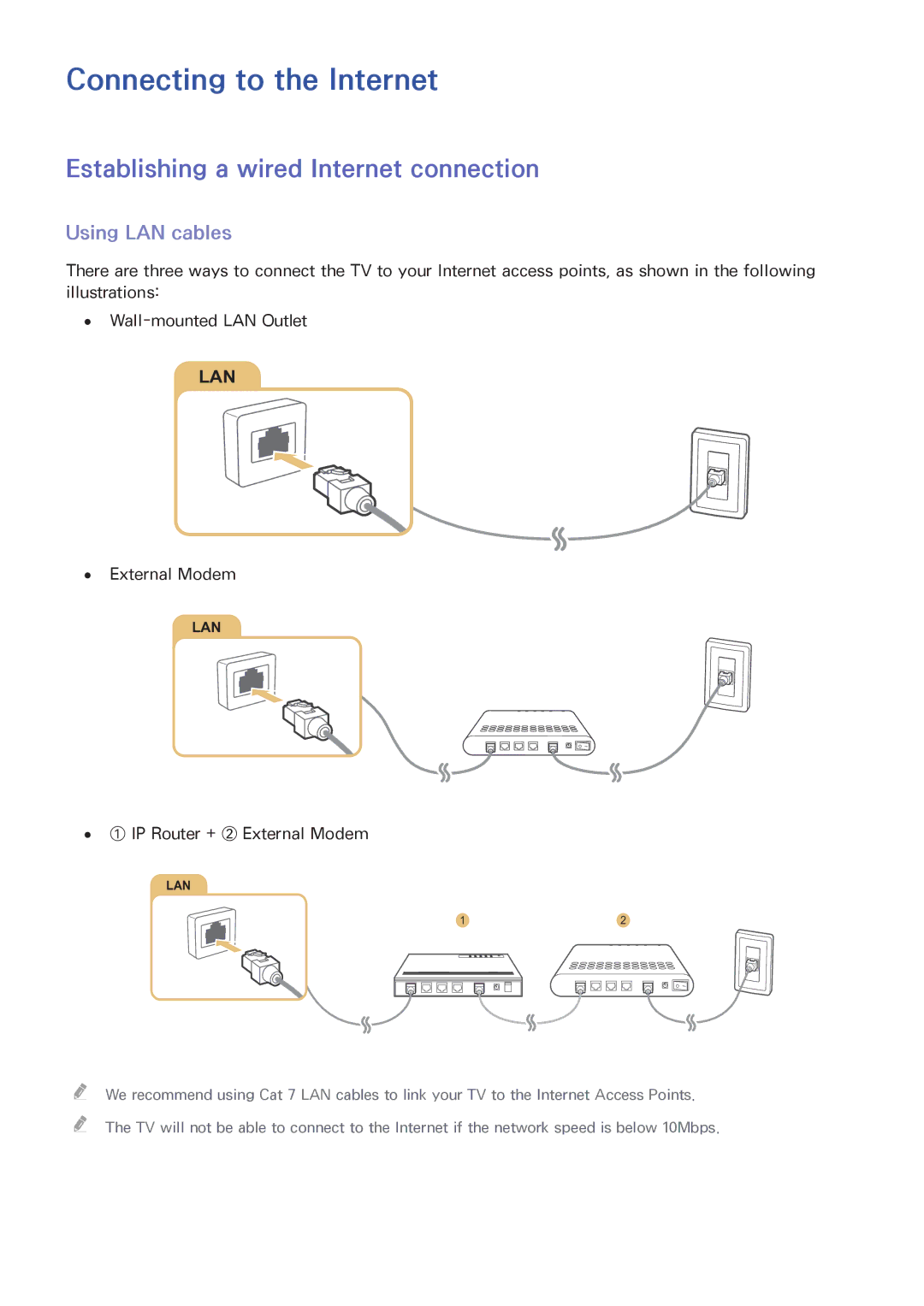 Samsung UA50JS7200RXUM manual Connecting to the Internet, Establishing a wired Internet connection, Using LAN cables 