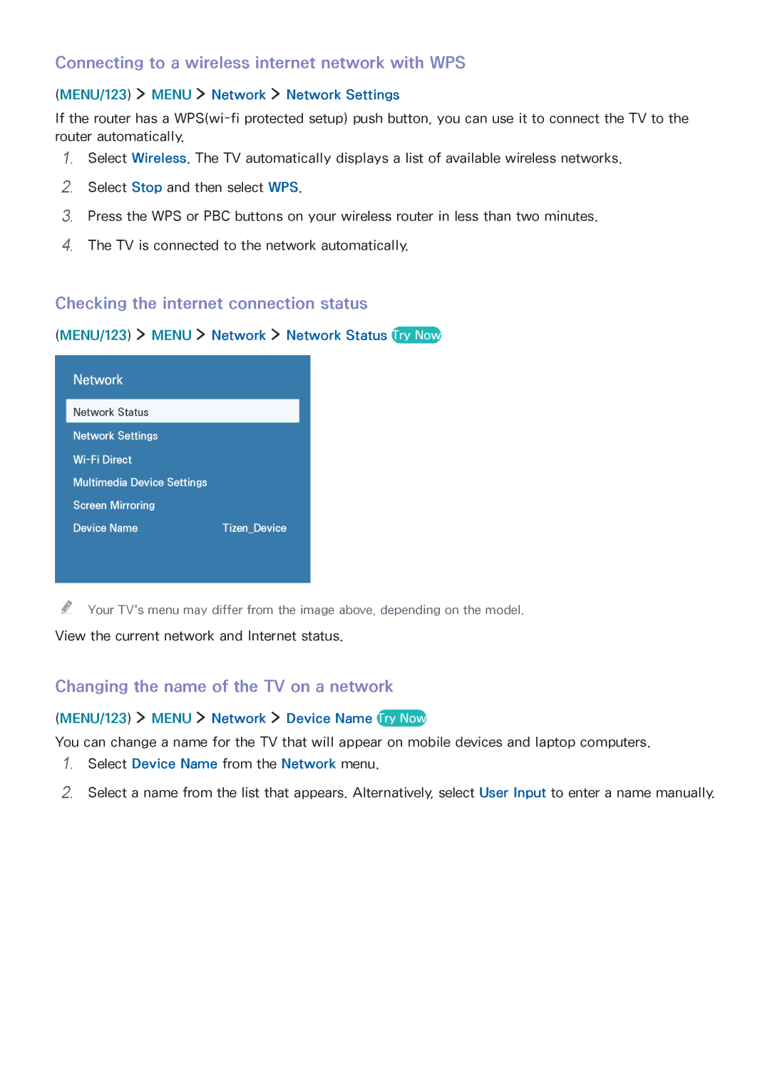 Samsung UA40JU6000RXUM manual Connecting to a wireless internet network with WPS, Checking the internet connection status 