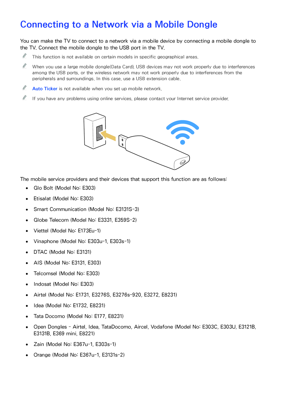 Samsung UA50JU6400RXUM, UA48JU6600RXSK, UA50JS7200RXUM, UA55JU6000RXUM manual Connecting to a Network via a Mobile Dongle 