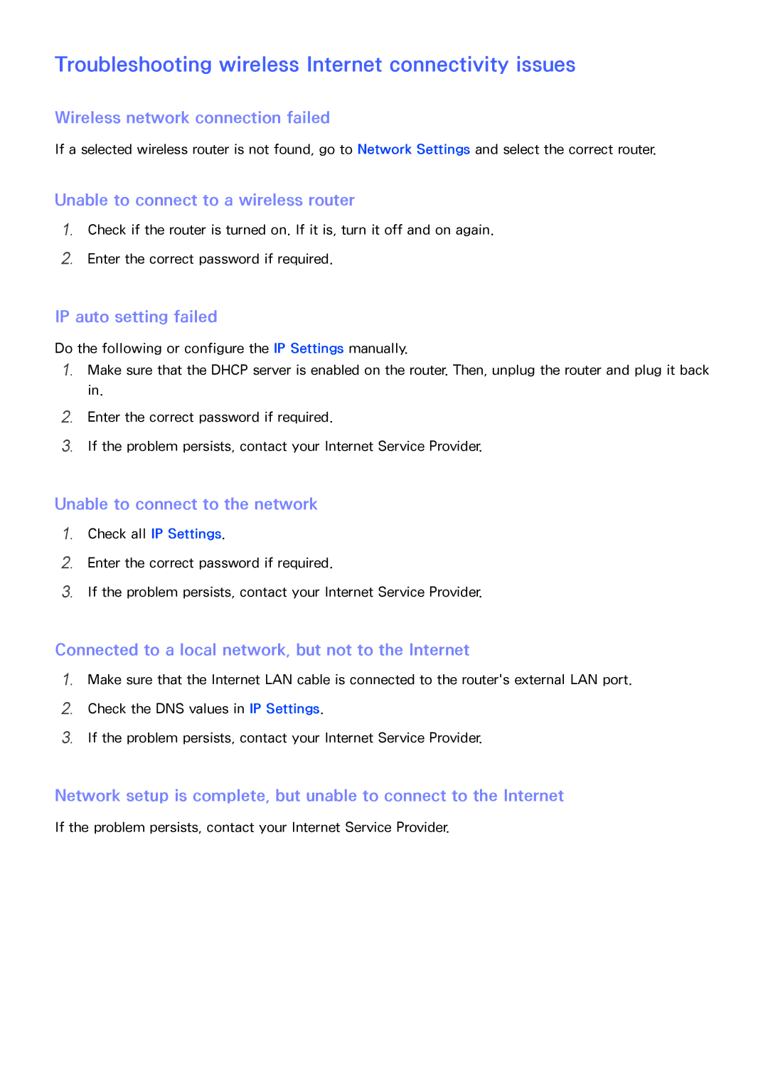 Samsung UA60JU6400RXUM manual Troubleshooting wireless Internet connectivity issues, Wireless network connection failed 