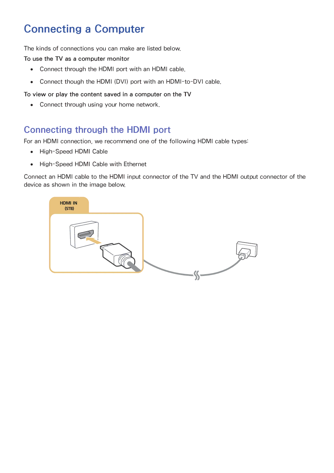 Samsung UA60JS7200RXUM Connecting a Computer, Connecting through the Hdmi port, Connect through using your home network 