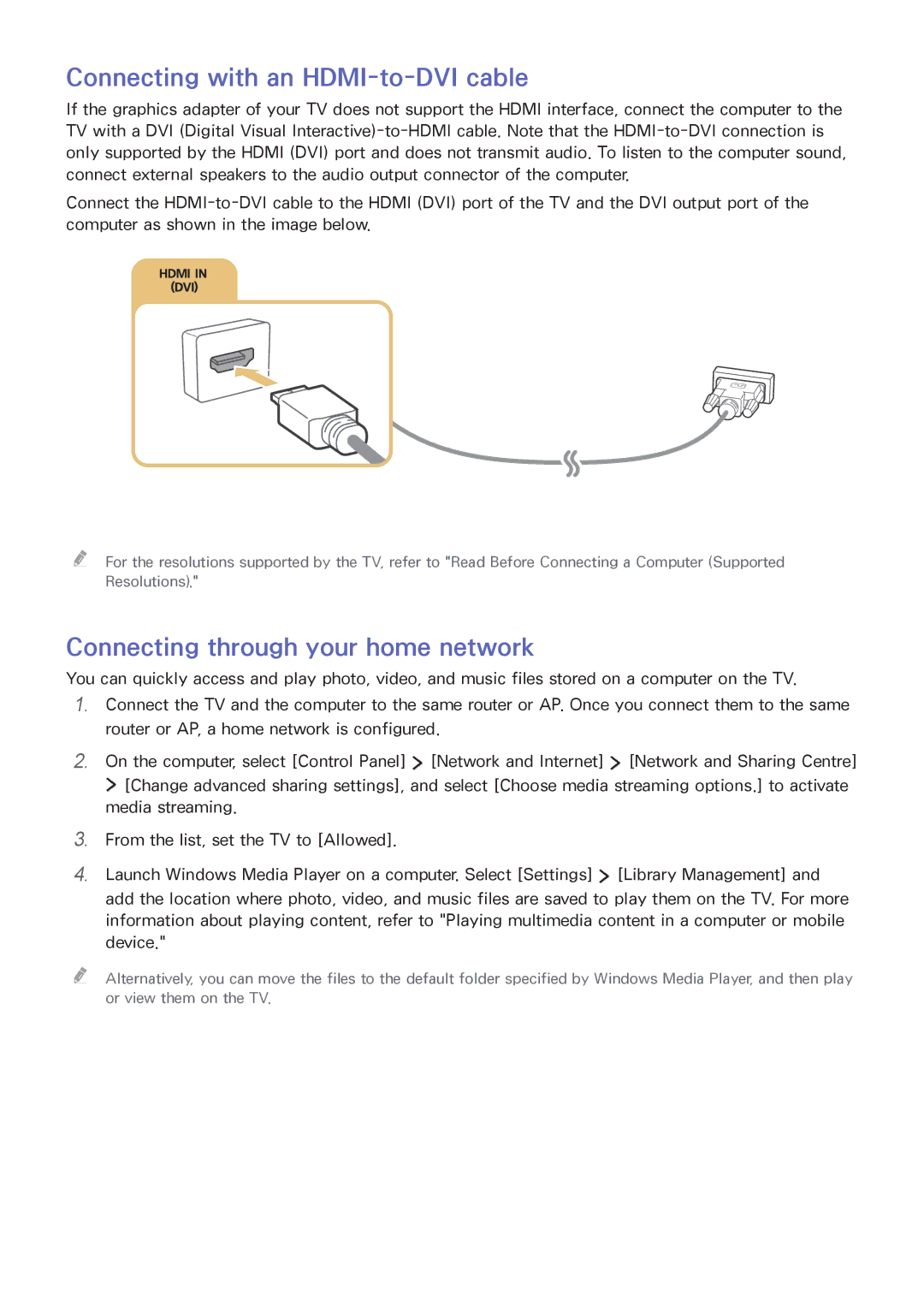 Samsung UA55JU6400RXUM, UA48JU6600RXSK manual Connecting with an HDMI-to-DVI cable, Connecting through your home network 