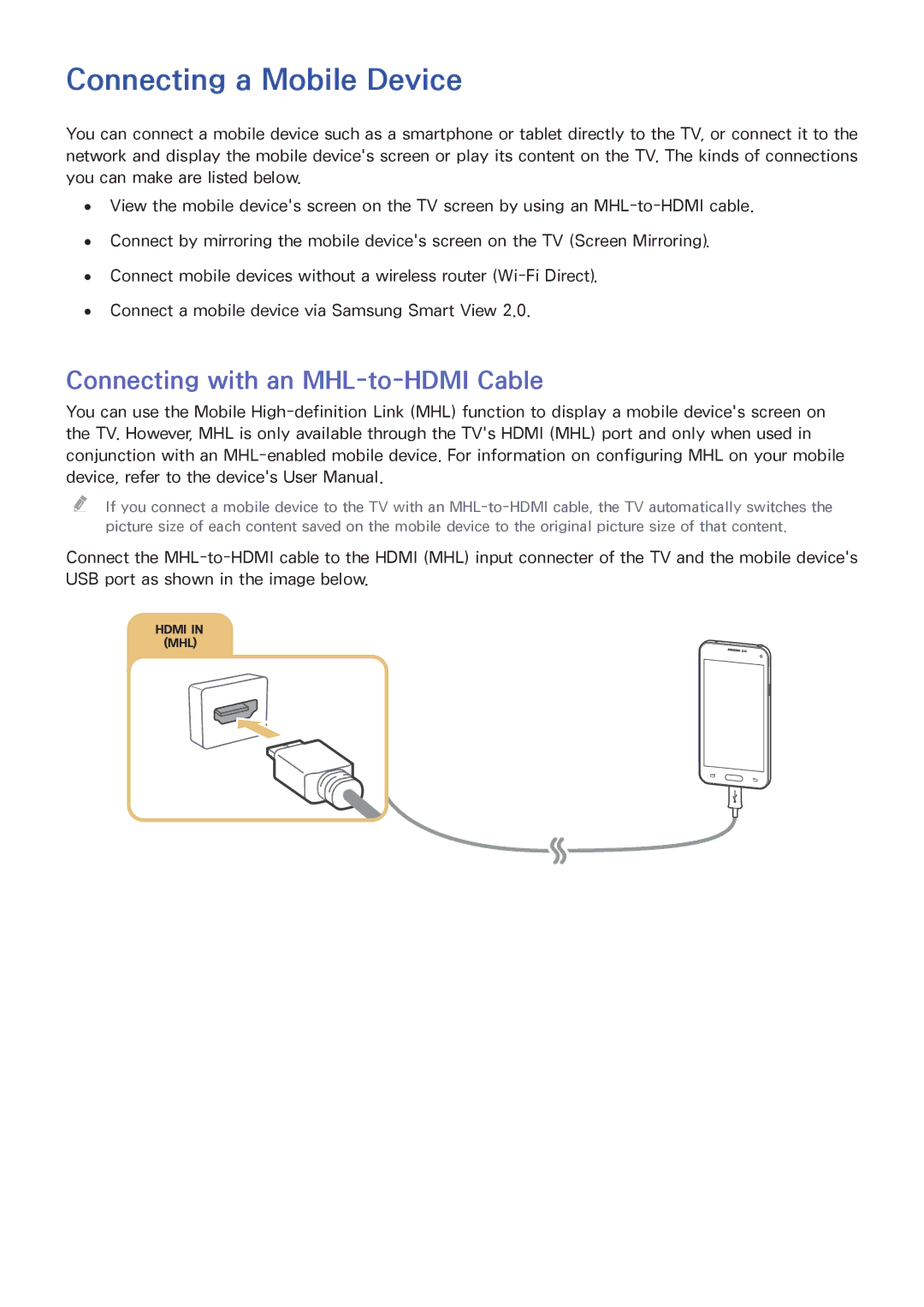 Samsung UA75JU6400RXUM, UA48JU6600RXSK, UA50JS7200RXUM Connecting a Mobile Device, Connecting with an MHL-to-HDMI Cable 