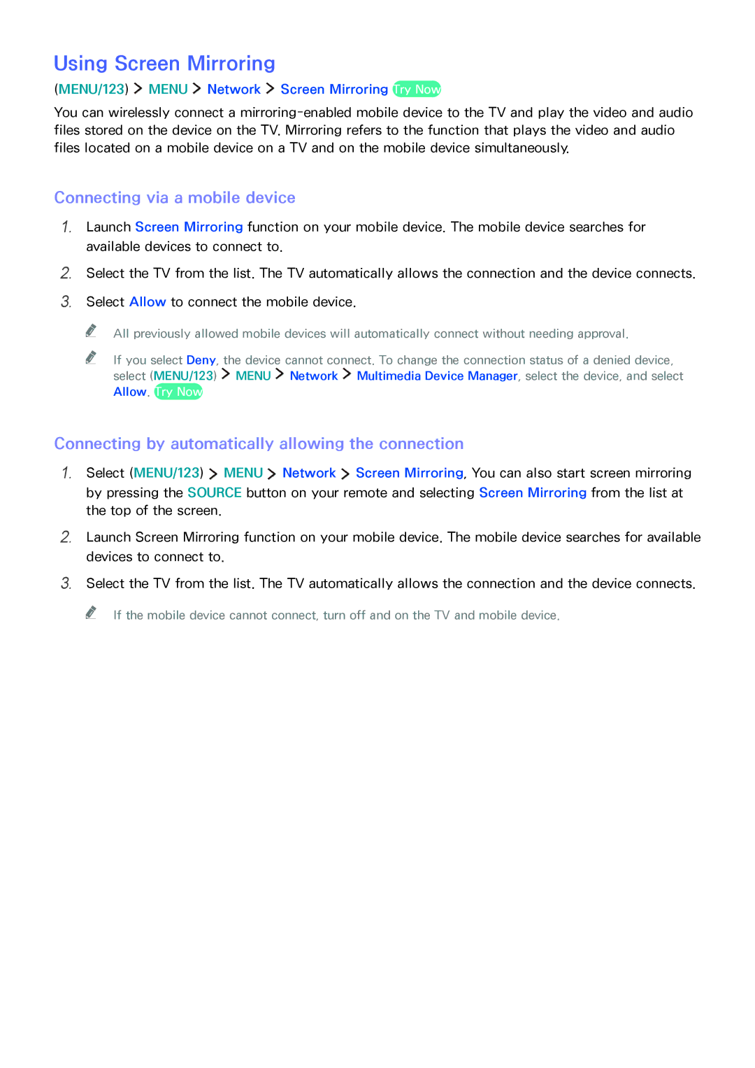 Samsung UA65JU6600RXUM, UA48JU6600RXSK, UA50JS7200RXUM manual Using Screen Mirroring, Connecting via a mobile device 