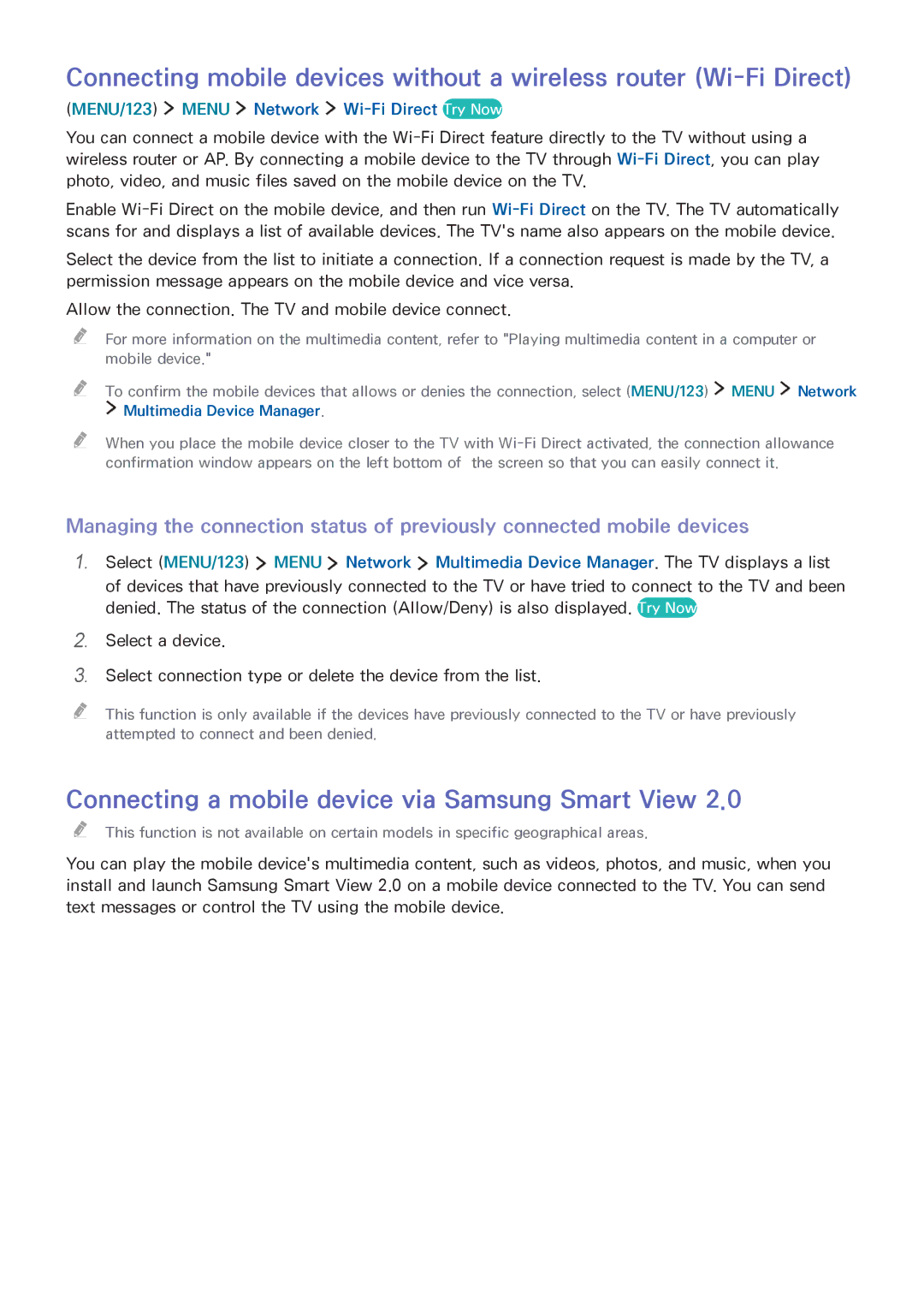 Samsung UA85JU7000RXUM manual Connecting a mobile device via Samsung Smart View, MENU/123 Menu Network Wi-Fi Direct Try Now 