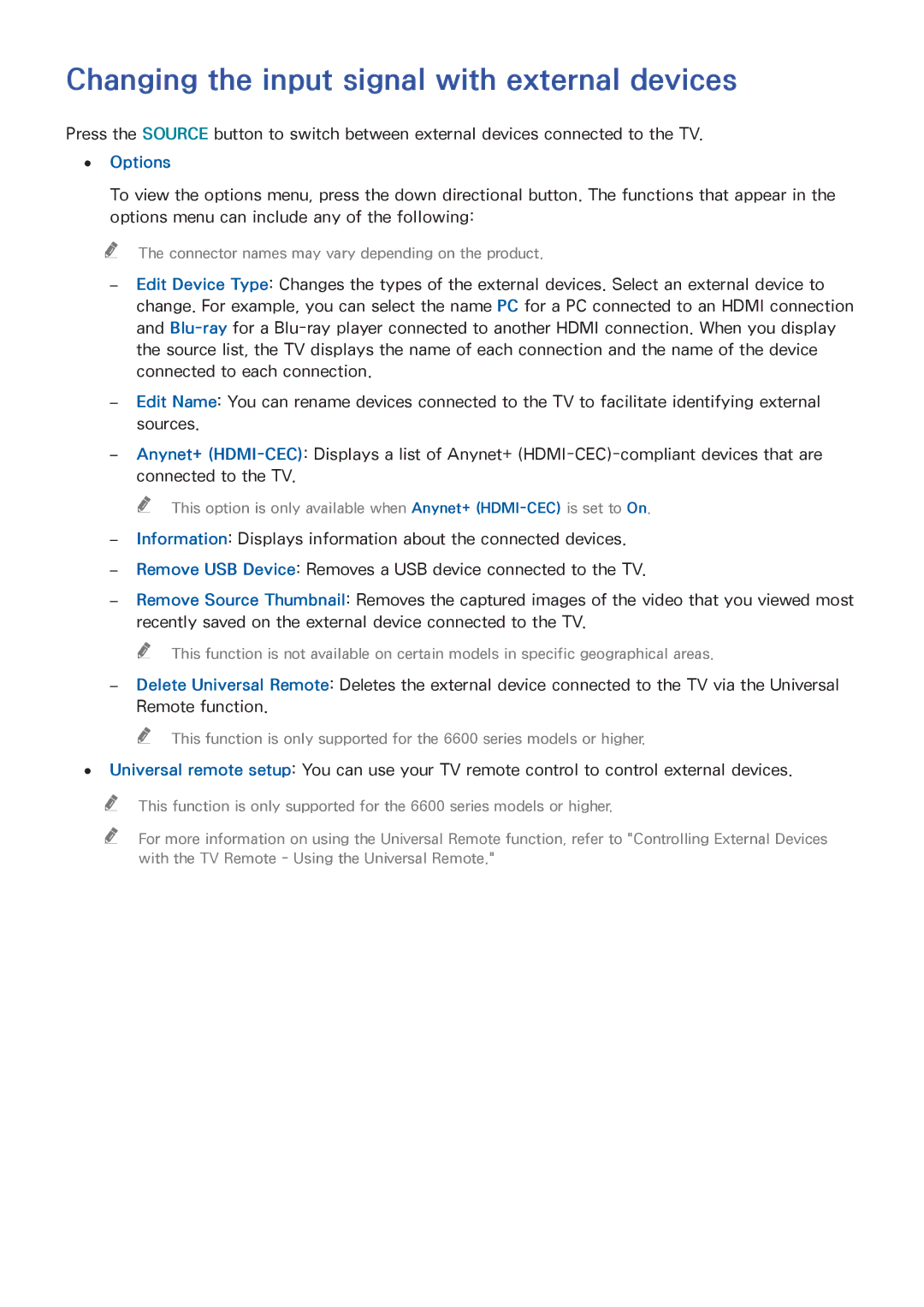 Samsung UA48JU6600RXSK, UA50JS7200RXUM, UA55JU6000RXUM manual Changing the input signal with external devices, Options 