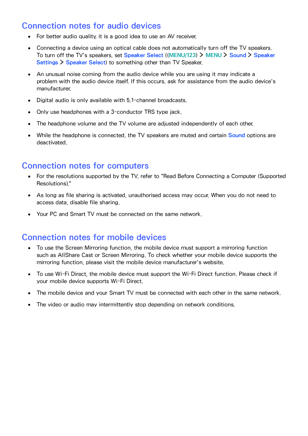 Samsung UA55JU6000RXUM, UA48JU6600RXSK, UA50JS7200RXUM Connection notes for audio devices, Connection notes for computers 