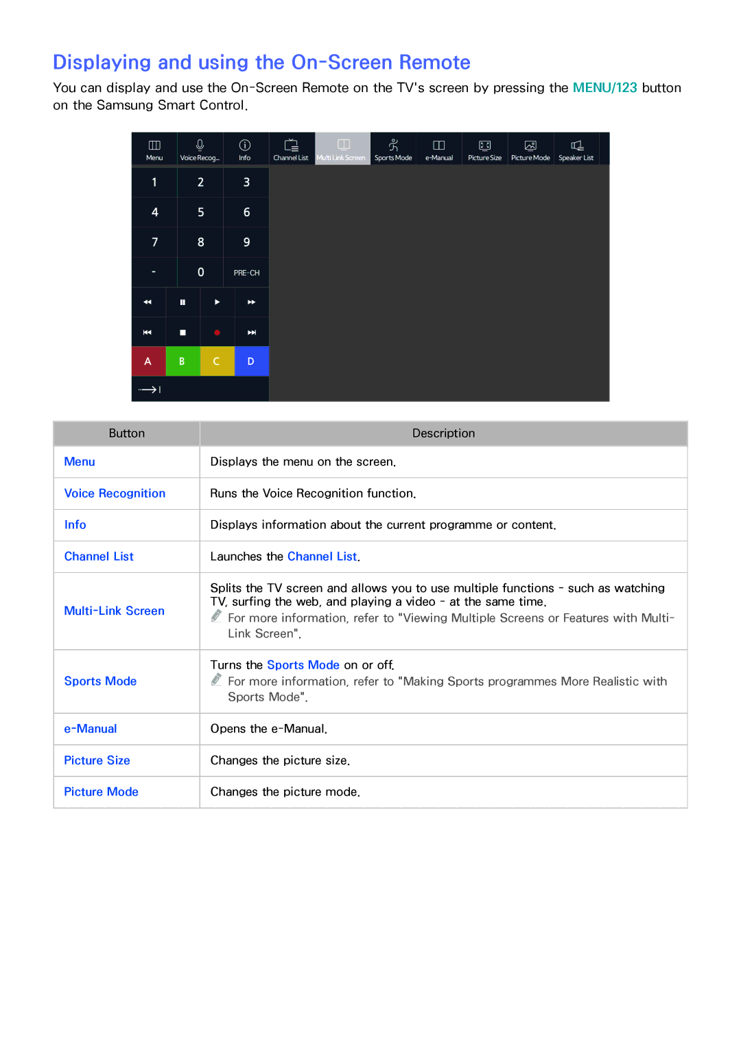 Samsung UA60JU6400RXUM, UA48JU6600RXSK, UA50JS7200RXUM, UA55JU6000RXUM manual Displaying and using the On-Screen Remote 