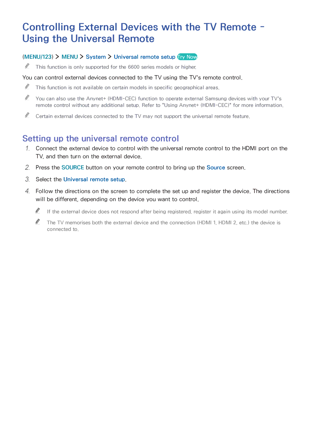 Samsung UA48JU6600RXUM manual Setting up the universal remote control, MENU/123 Menu System Universal remote setup Try Now 