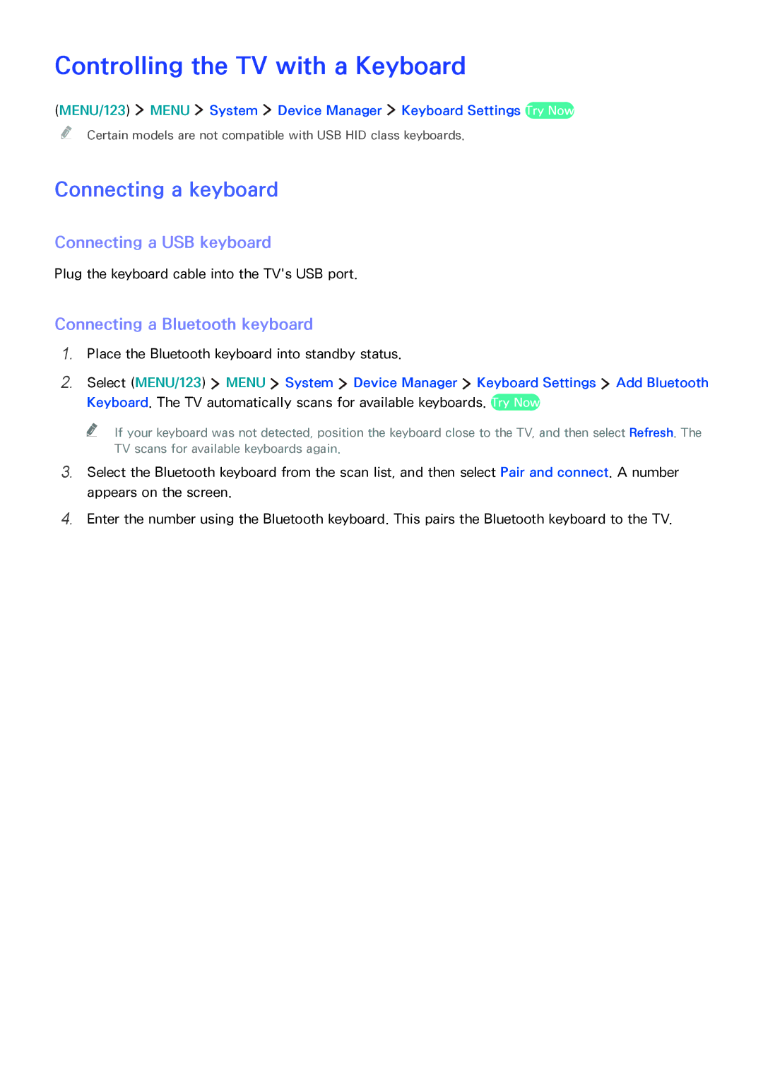 Samsung UA65JU6400RXUM manual Controlling the TV with a Keyboard, Connecting a keyboard, Connecting a USB keyboard 