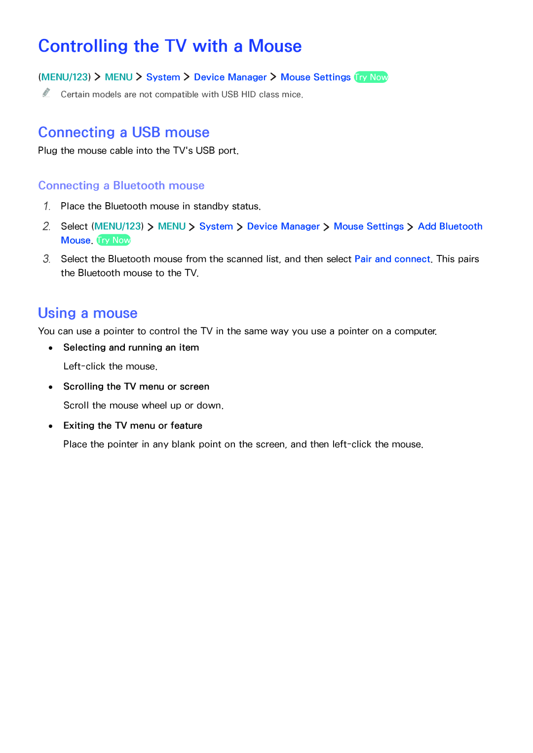 Samsung UA55JS7200RXUM, UA48JU6600RXSK manual Controlling the TV with a Mouse, Connecting a USB mouse, Using a mouse 