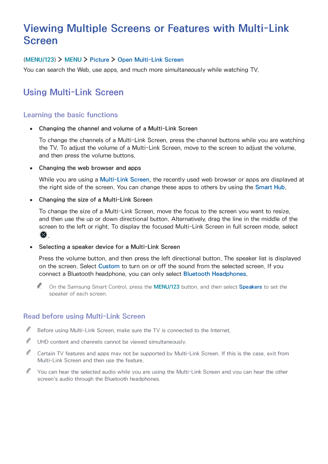 Samsung UA55JU6400RXUM manual Viewing Multiple Screens or Features with Multi-Link Screen, Using Multi-Link Screen 