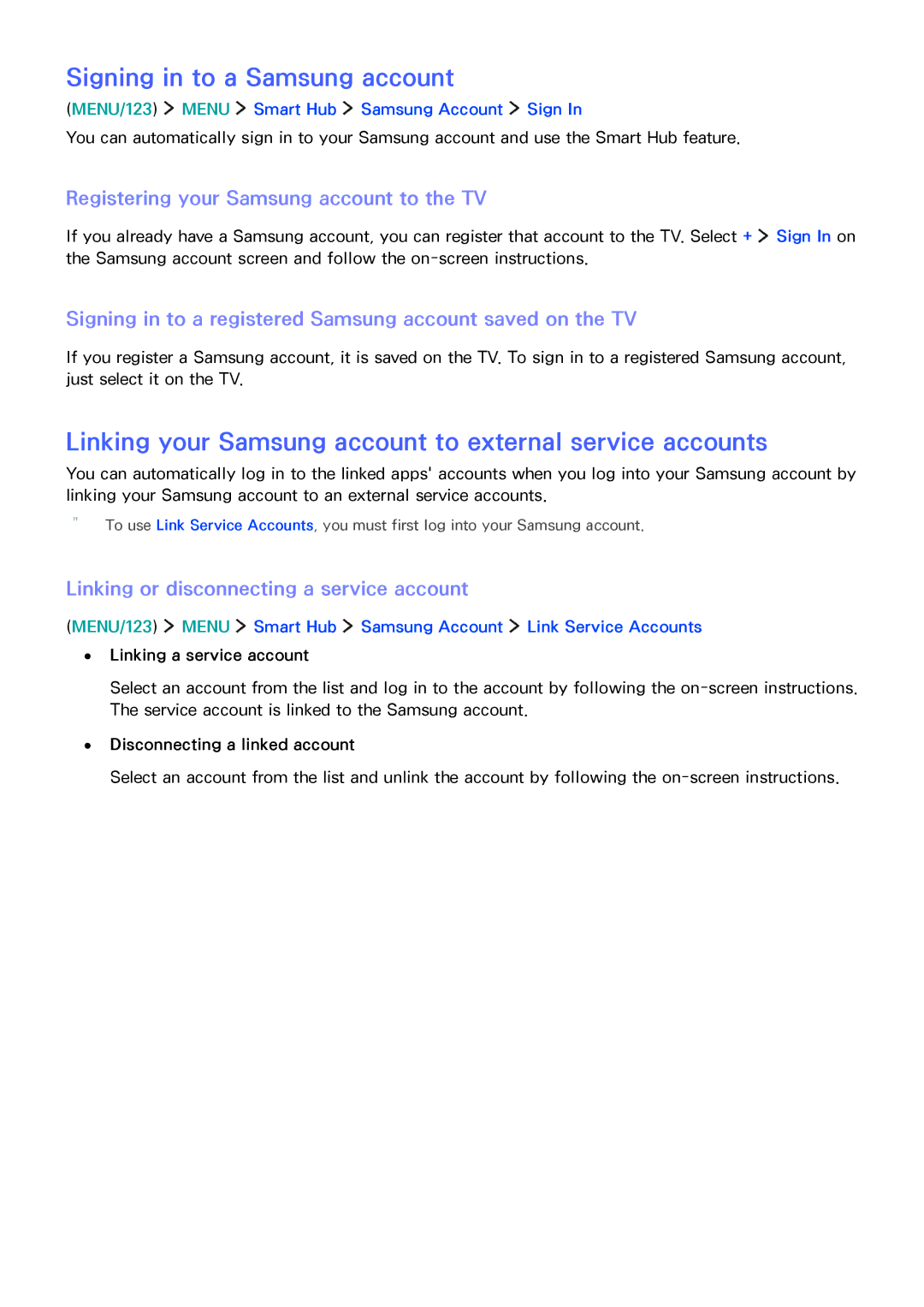 Samsung UA50JS7200RXUM manual Signing in to a Samsung account, Linking your Samsung account to external service accounts 