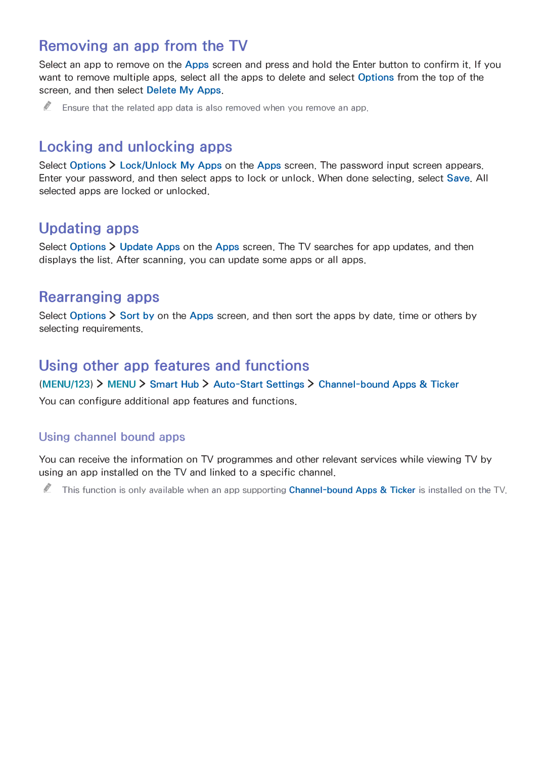 Samsung UA55JU6600RXUM manual Removing an app from the TV, Locking and unlocking apps, Updating apps, Rearranging apps 