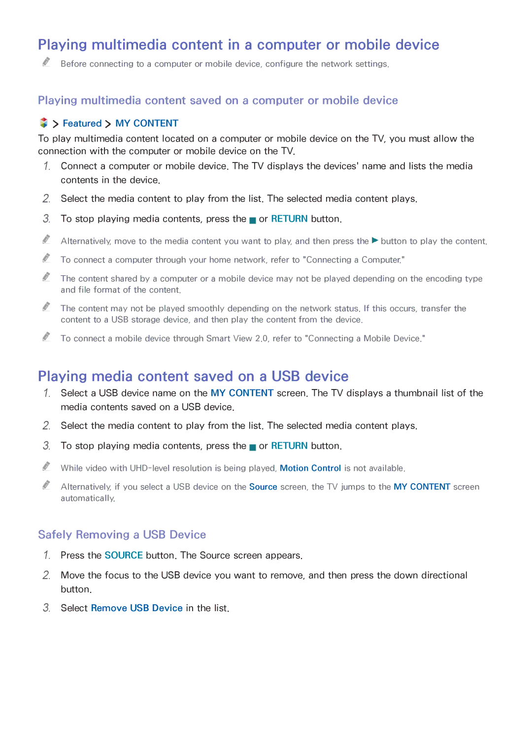 Samsung UA65JU6400RXUM manual Playing multimedia content in a computer or mobile device, Safely Removing a USB Device 