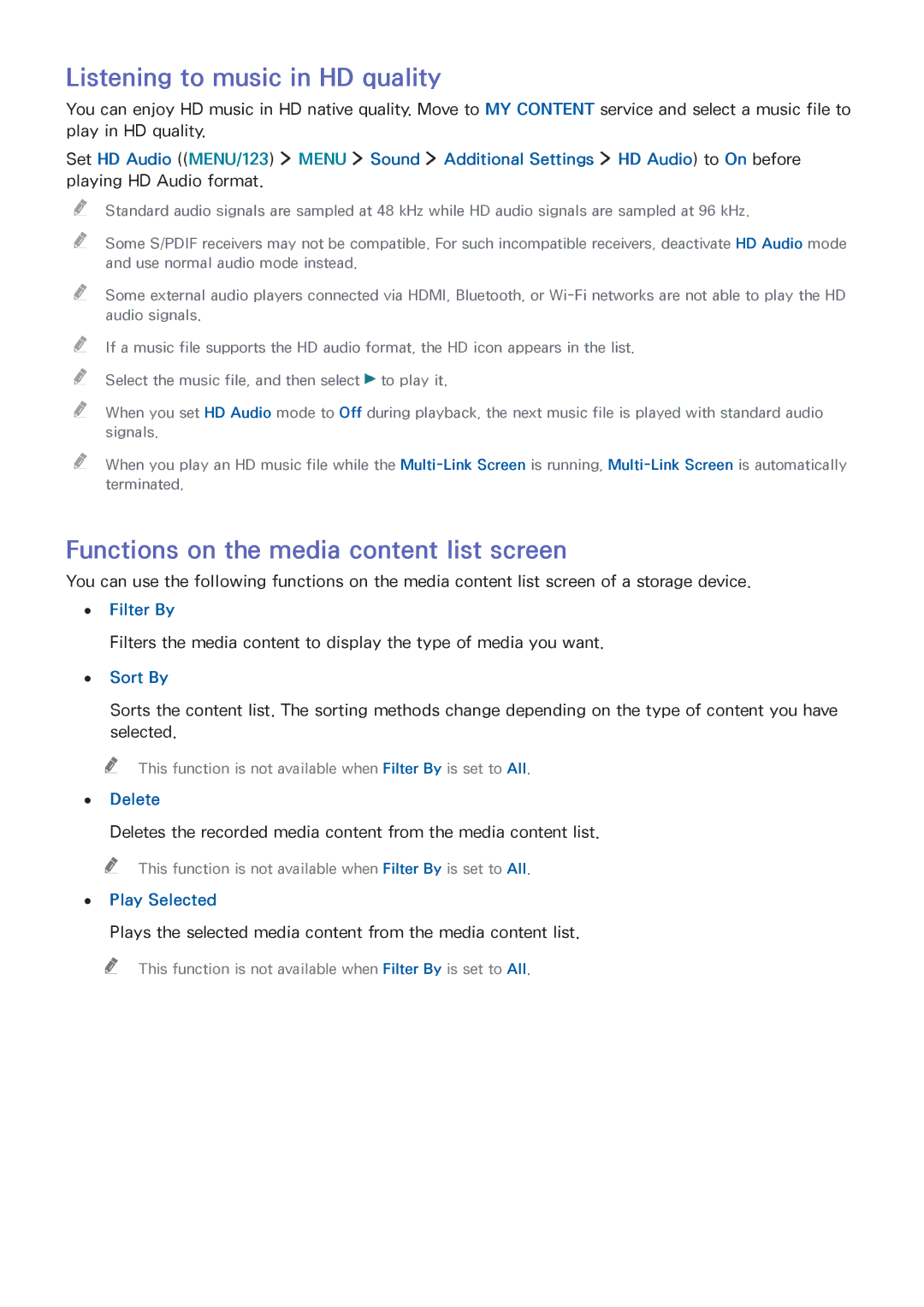 Samsung UA75JU6400RXUM, UA48JU6600RXSK manual Listening to music in HD quality, Functions on the media content list screen 