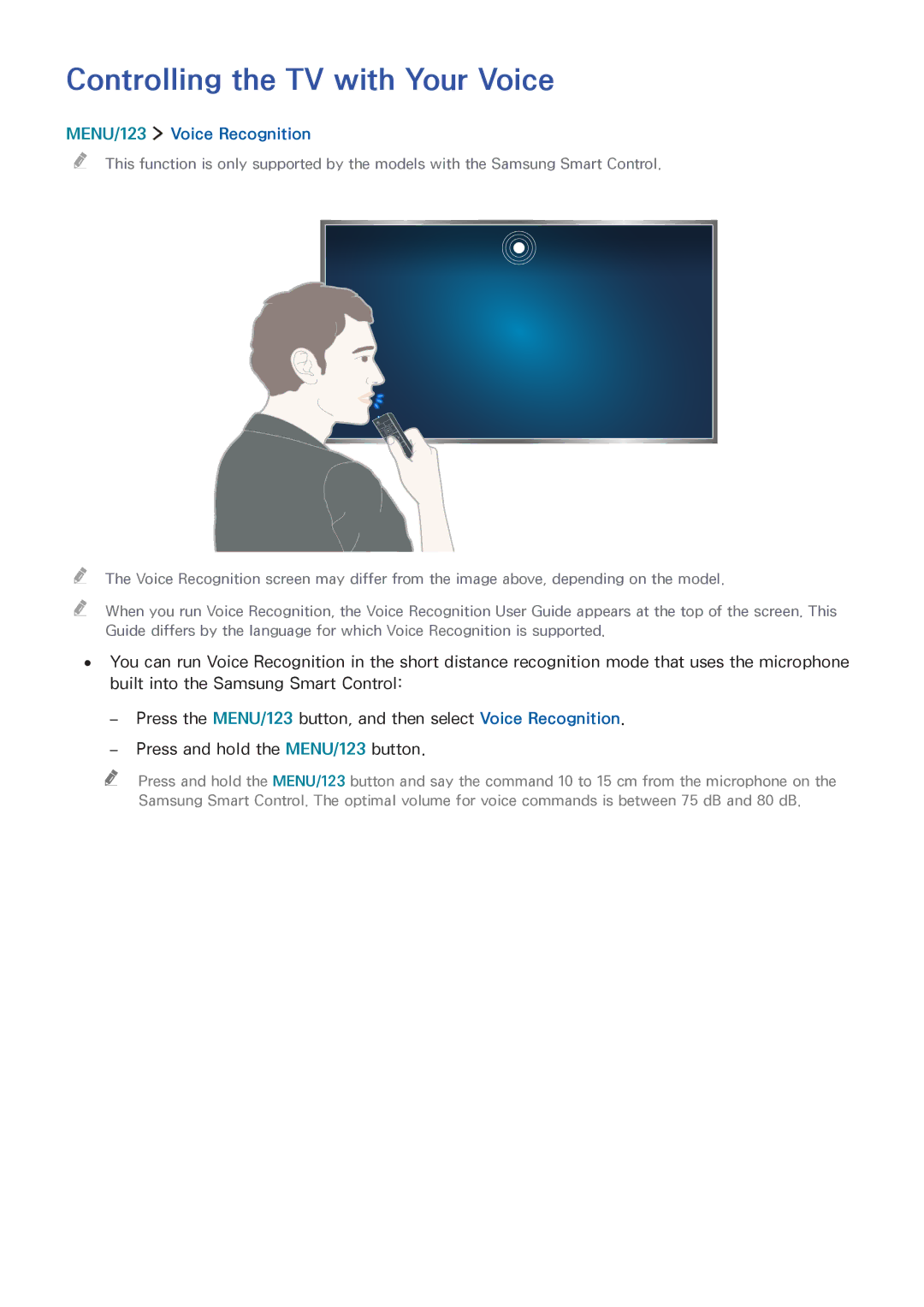 Samsung UA85JU7000RXUM, UA48JU6600RXSK, UA50JS7200RXUM manual Controlling the TV with Your Voice, MENU/123 Voice Recognition 