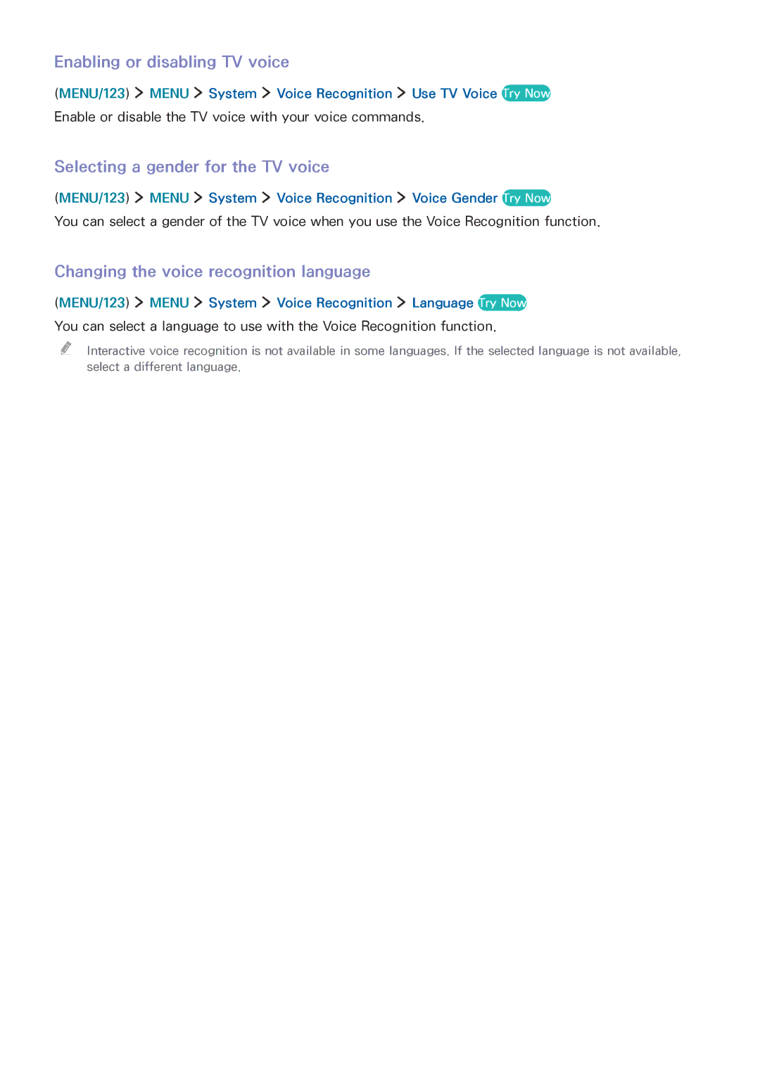 Samsung UA50JS7200RXUM, UA48JU6600RXSK, UA55JU6000RXUM Enabling or disabling TV voice, Selecting a gender for the TV voice 
