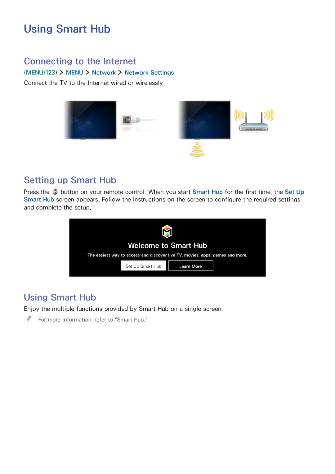 Samsung UA78JU7500RXUM, UA48JU6600RXSK, UA50JS7200RXUM Using Smart Hub, Connecting to the Internet, Setting up Smart Hub 