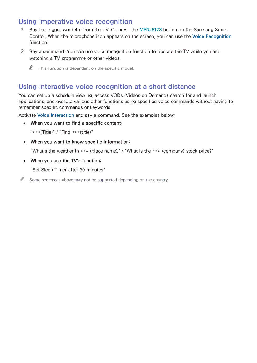 Samsung UA55JU6000RXUM manual Using imperative voice recognition, Using interactive voice recognition at a short distance 