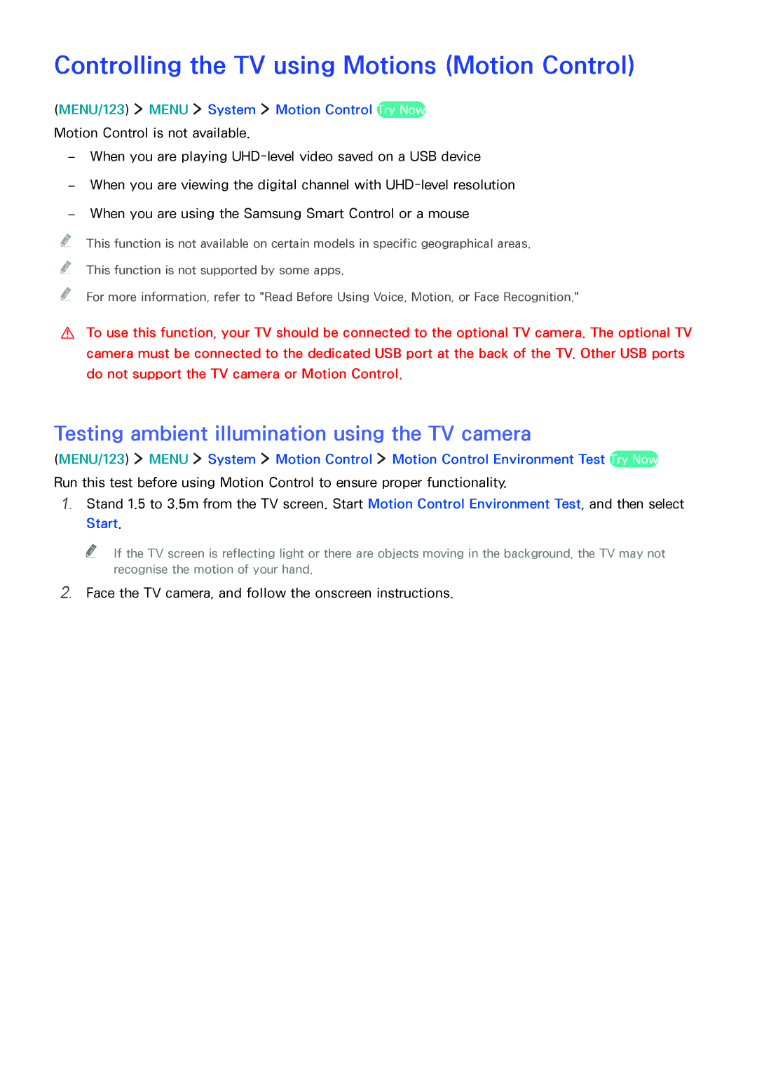 Samsung UA50JU6400RXUM Controlling the TV using Motions Motion Control, Testing ambient illumination using the TV camera 