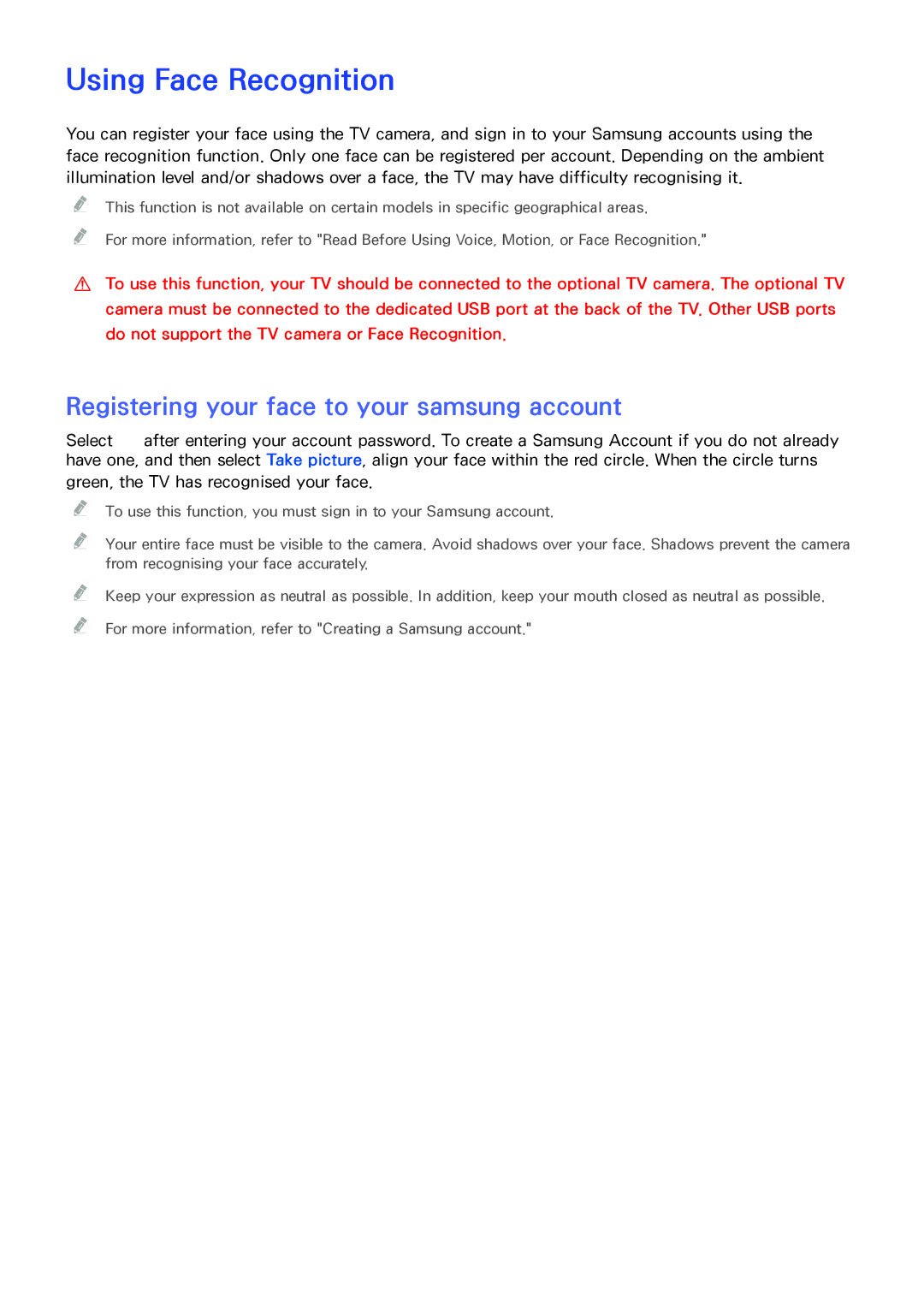 Samsung UA65JS8000RXUM, UA48JU6600RXSK manual Using Face Recognition, Registering your face to your samsung account 