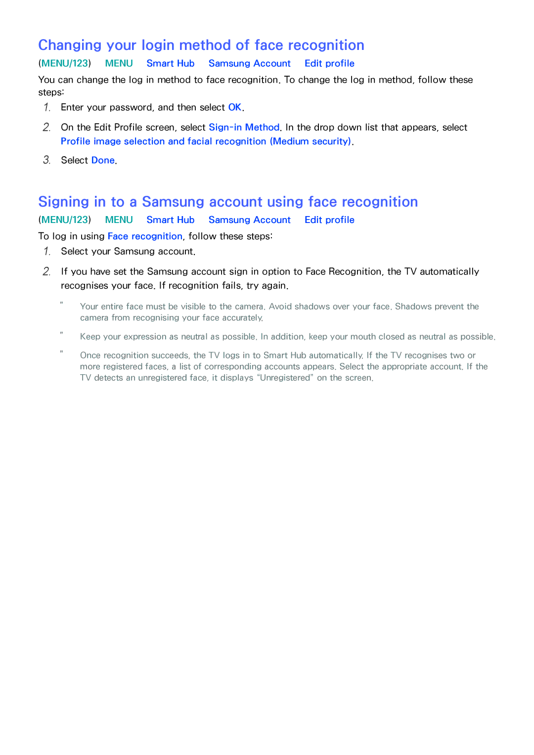 Samsung UA55JS7200RXUM, UA48JU6600RXSK, UA50JS7200RXUM, UA55JU6000RXUM manual Changing your login method of face recognition 